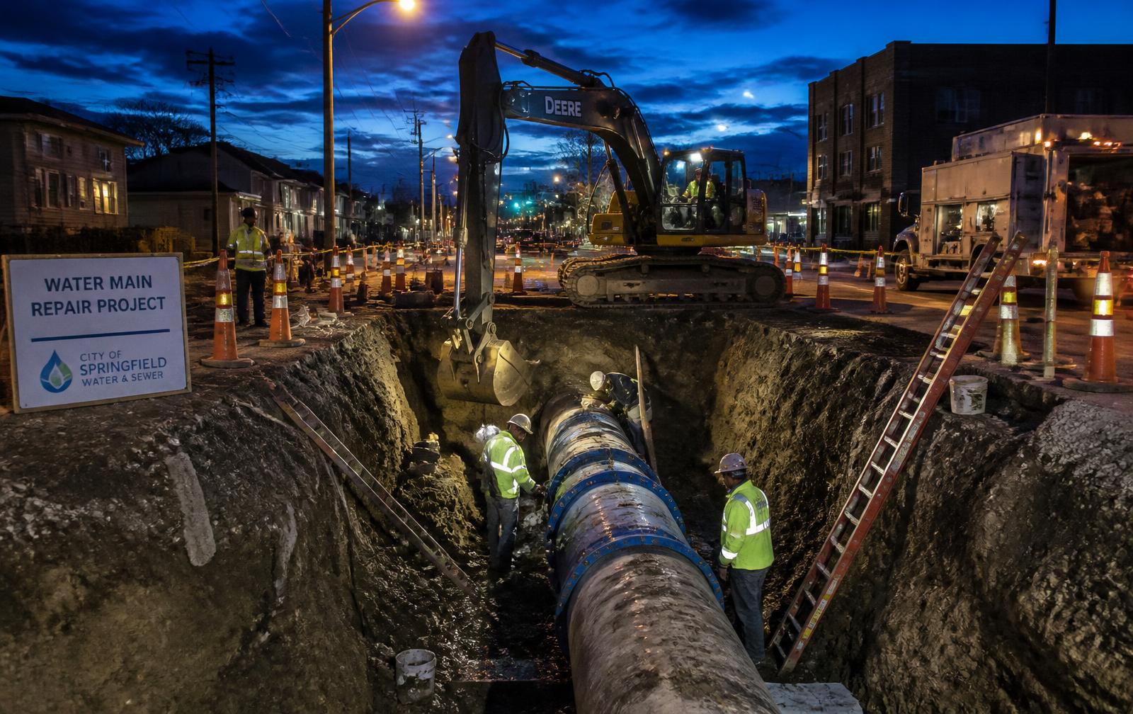 Crew repairing a municipal water main in an excavated street at dusk